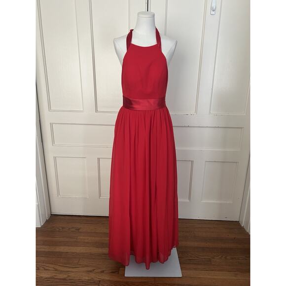 Azazie Halter Chiffon Maxi Bridesmaid Dress Womens Size A4 Red Classic Colorful - Picture 1 of 10